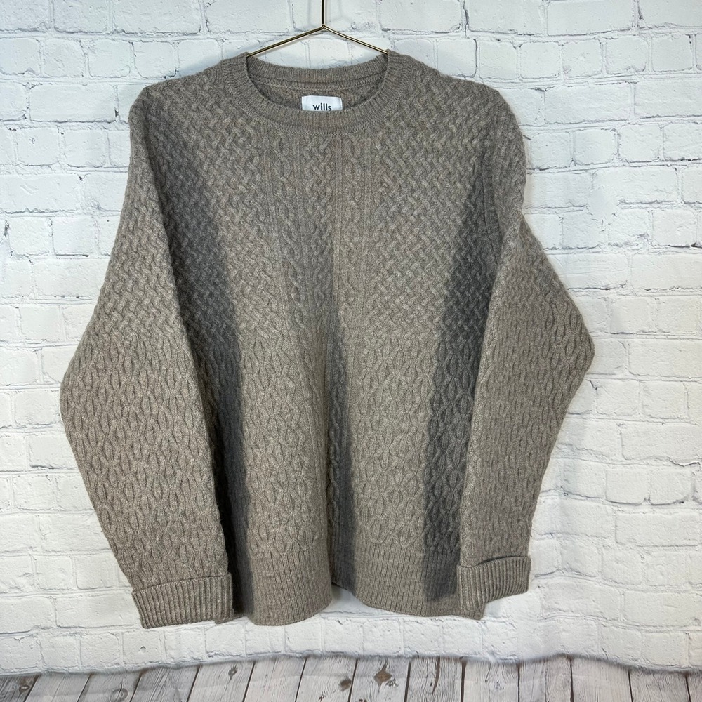 Wills Mens XL 100% Wool Cable Knit Crewneck Sweater Taupe Brown Long Sleeve